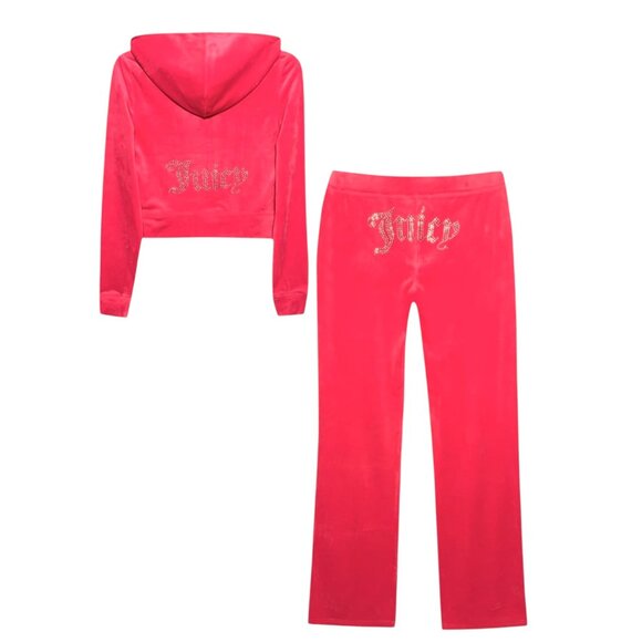 JUICY COUTURE BLING Velour TRACKSUIT Size L Pants + Hoodie 2 Piece Set Hot Pink - Picture 12 of 16
